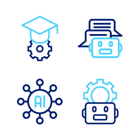 Set line Robot setting Neural network Chat and Graduation cap icon. Vector.のイラスト素材