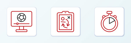 Set line Stopwatch Football match on TV and Planning concept strategy icon. Vector.のイラスト素材