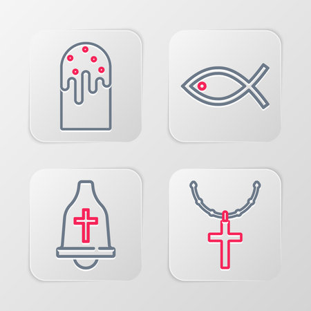 Set line Christian cross on chain Church bell fish and Easter cake icon. Vector.のイラスト素材