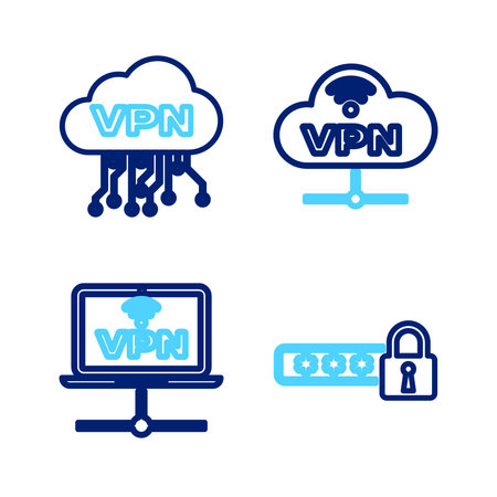 Set line Password protection VPN Computer network Network cloud connection and Cloud interface icon. Vector.のイラスト素材