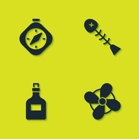 Set Compass Boat propeller Rum bottle and Dead fish icon. Vector.のイラスト素材