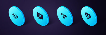 Set Isometric Heart with cat, Collar name tag, Cat nose and Dog icon. Vector.