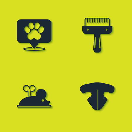 Set Location veterinary hospital, Cat nose, Clockwork mouse and Hair brush for dog and icon. Vector.のイラスト素材
