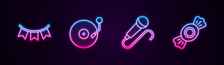 Set line Carnival garland with flags, Vinyl player disk, Microphone and Candy. Glowing neon icon. Vector.のイラスト素材