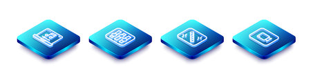 Set Isometric line Laptop with music, Sound mixer controller, Photo retouching and Play video button...