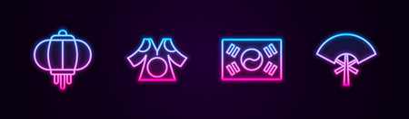 Set line Korean lantern, Kimono, South flag and Traditional fan. Glowing neon icon. Vector.のイラスト素材