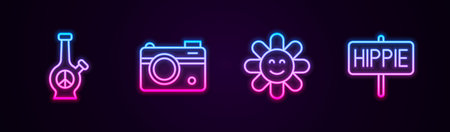 Set line Bong, Photo camera, Flower and Peace. Glowing neon icon. Vector.のイラスト素材
