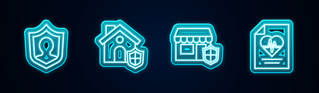 Set line Life insurance with shield, House, Shopping building and Health. Glowing neon icon. Vector.のイラスト素材