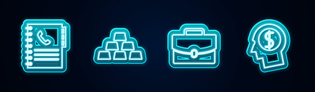 Set line Phone book, Gold bars, Briefcase and Business man planning mind. Glowing neon icon. Vector.のイラスト素材