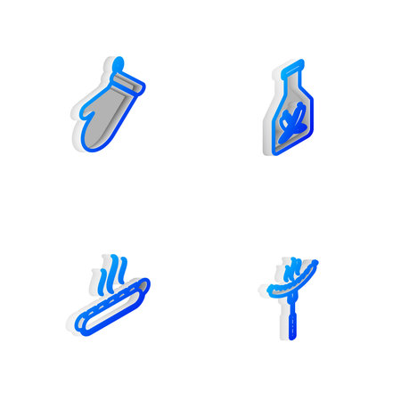 Set Isometric line Crossed fork and spatula, Ketchup bottle, Barbecue knife and fire flame icon. Vector.のイラスト素材