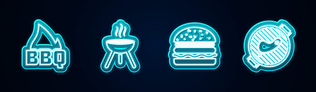 Set line Barbecue fire flame, grill, Burger and with steak. Glowing neon icon. Vector.のイラスト素材