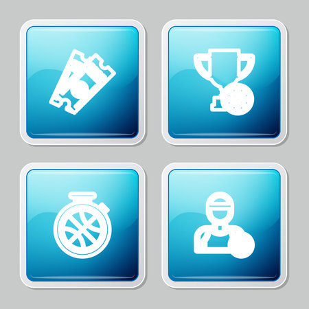 Set line Basketball game ticket, Award cup with basketball, Stopwatch and player icon. Vector.のイラスト素材