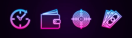 Set line Clock with arrow, Wallet, Target sport and Stacks paper money cash. Glowing neon icon. Vector.のイラスト素材