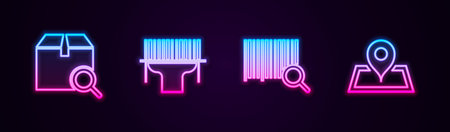 Set line Search package, Scanner scanning bar code, barcode and Placeholder on map. Glowing neon icon. Vector.のイラスト素材