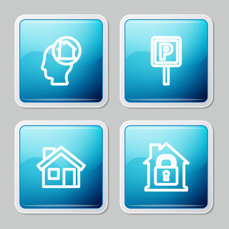 Set line Man dreaming about buying house, Parking, House and under protection icon. Vector.のイラスト素材