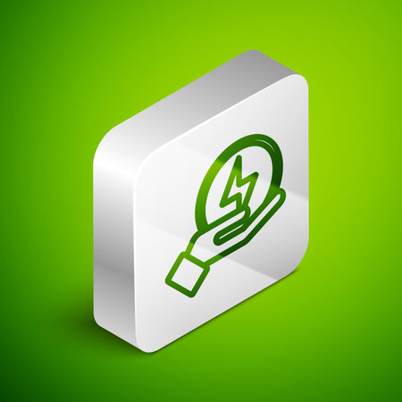 Isometric line Lightning bolt icon isolated on green background. Flash sign. Charge flash icon. Thunderbolt. Lighting strike. Silver square button. Vector.のイラスト素材