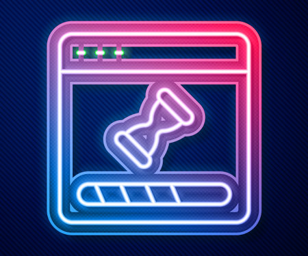 Glowing neon line Loading a data window with a progress bar icon isolated on blue background. Vector.のイラスト素材
