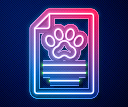 Glowing neon line Clipboard with medical clinical record pet icon isolated on blue background. Health insurance form. Medical check marks report. Vector.のイラスト素材