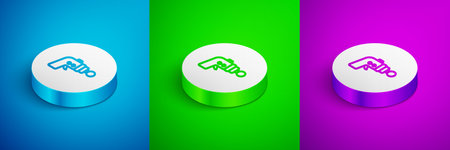 Isometric line Ray gun icon isolated on blue, green and purple background. Laser weapon. Space...