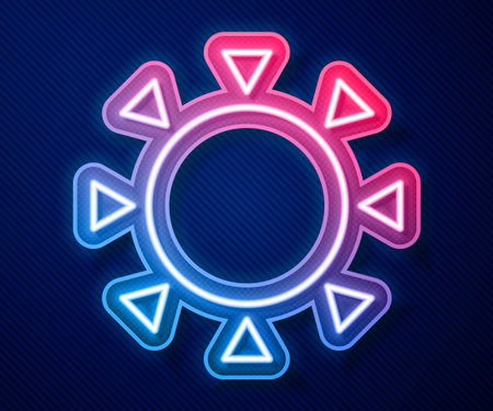 Glowing neon line Sun icon isolated on blue background. Summer symbol. Good sunny day. Vector.のイラスト素材