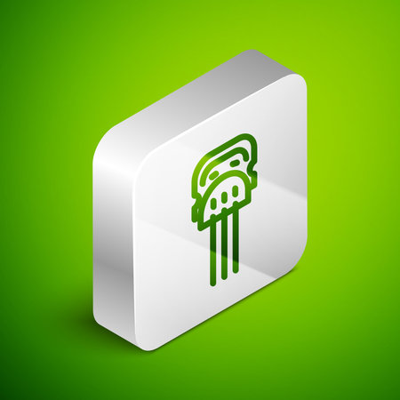 Isometric line Flamenco woman accessories icon isolated on green background. Peineta. Spanish comb. Silver square button. Vector.のイラスト素材
