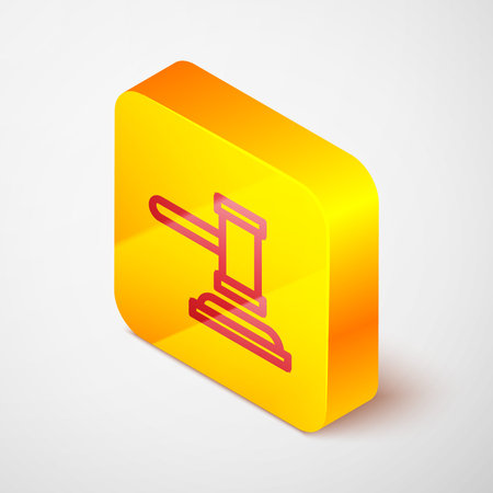 Isometric line Judge gavel icon isolated on gray background. Gavel for adjudication of sentences and bills, court, justice. Auction hammer. Yellow square button. Vector.のイラスト素材