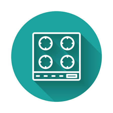 White line Gas stove icon isolated with long shadow background. Cooktop sign. Hob with four circle burners. Green circle button. Vector.のイラスト素材