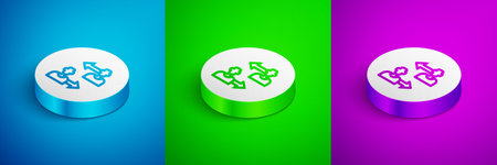 Isometric line Substitution football player icon isolated on blue, green and purple background. Players exchange in association soccer. White circle button. Vector.のイラスト素材