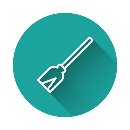 White line Handle broom icon isolated with long shadow background. Cleaning service concept. Green circle button. Vector.のイラスト素材