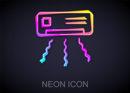 Glowing neon line Air conditioner icon isolated on black background. Split system air conditioning. Cool and cold climate control system. Vector.のイラスト素材