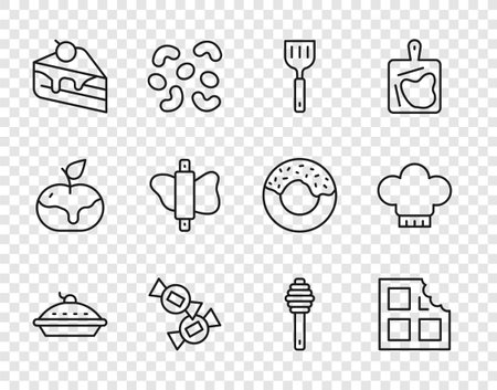 Set line Homemade pie Chocolate bar Spatula Candy Piece of cake Rolling pin on dough Honey dipper stick and Chef hat icon. Vector.のイラスト素材