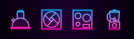 Set line Kettle with handle, Ventilation, Electric stove and Blender. Glowing neon icon. Vector.のイラスト素材