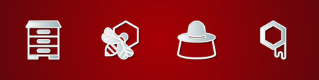 Set Hive for bees, Bee and honeycomb, Beekeeper with protect hat and Honeycomb icon. Vector.のイラスト素材