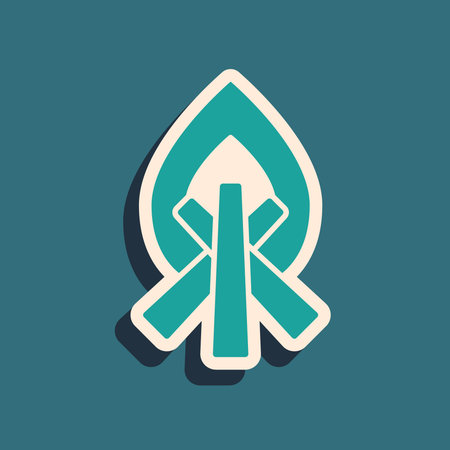 Green Campfire icon isolated on green background. Burning bonfire with wood. Long shadow style. Vector Illustration.のイラスト素材