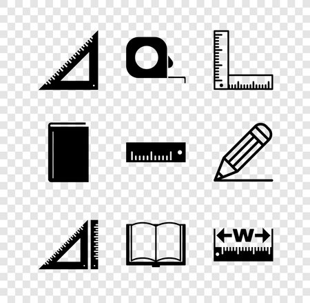 Set Triangular ruler Roulette construction Folding Open book Measuring height and length Book and Ruler icon. Vector.のイラスト素材
