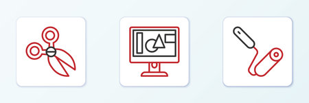 Set line Paint roller brush Scissors and Computer monitor screen icon. Vector.のイラスト素材