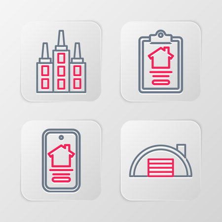 Set line Warehouse Online real estate House contract and Skyscraper icon. Vector.のイラスト素材