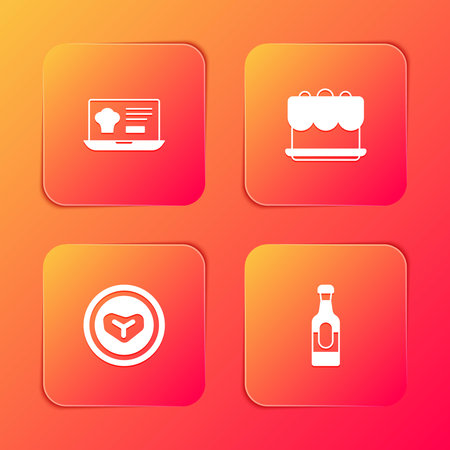 Set Online ordering and delivery, Cake, Steak meat on plate and Wine bottle icon. Vector.のイラスト素材