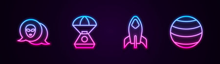Set line Alien, Space capsule, Rocket ship and Planet. Glowing neon icon. Vector.のイラスト素材