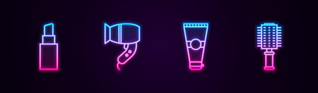 Set line Lipstick, Hair dryer, Lotion cosmetic tube and Hairbrush. Glowing neon icon. Vector.のイラスト素材