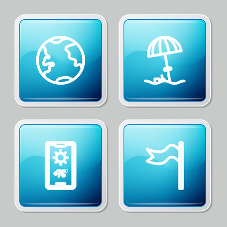 Set line Earth globe, Sun protective umbrella for beach, Weather forecast and Meteorology windsock wind vane icon. Vector.のイラスト素材