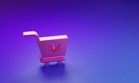 Pink Shopping cart with leaf icon isolated on purple-blue background. Online buying. Delivery service. Supermarket basket. Minimalism concept. 3D render illustration.の写真素材