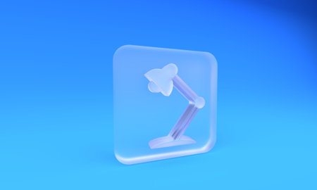 Frosted glass Table lamp icon isolated on blue background. Table office lamp. Square frosted glass button. 3D render illustration.の写真素材