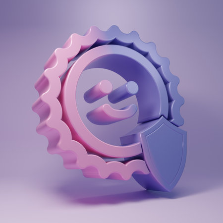 Purple UV protection icon isolated on purple background. Sun and shield. Ultra violet rays radiation. SPF sun sign. Minimalism concept. 3D render illustration.の写真素材