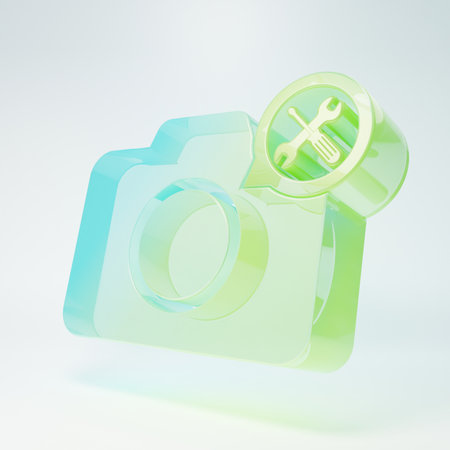 Frosted glass Photo camera with screwdriver and wrench icon isolated on white background. Adjusting, service, setting, maintenance, repair, fixing. Minimalism concept. 3D render illustration.の写真素材