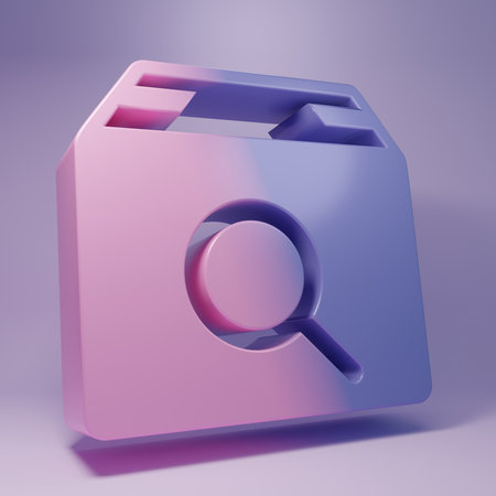 Purple Search package icon isolated on purple background. Parcel tracking symbol. Magnifying glass...