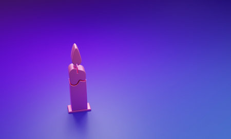 Pink Burning candle in candlestick icon isolated on purple-blue background. Cylindrical candle stick with burning flame. Minimalism concept. 3D render illustration.の写真素材