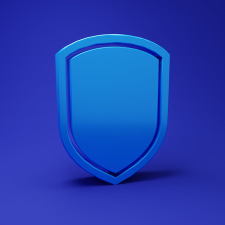 Blue Shield icon isolated on blue background. Guard sign. Minimalism concept. 3D render illustration.の写真素材