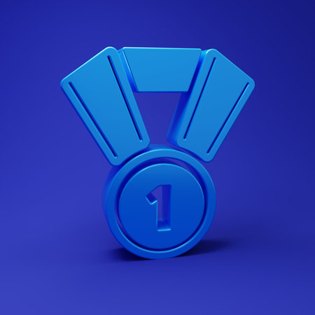 Blue Medal icon isolated on blue background. Winner symbol. Minimalism concept. 3D render illustration.の写真素材