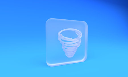 Frosted glass Tornado icon isolated on blue background. Cyclone, whirlwind, storm funnel, hurricane...